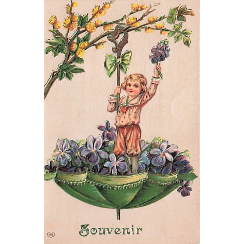 n°26665 - Carte Gaufrée - Souvenir - Enfant debout dans une ombrelle remplie de violettes, sous un mimosa