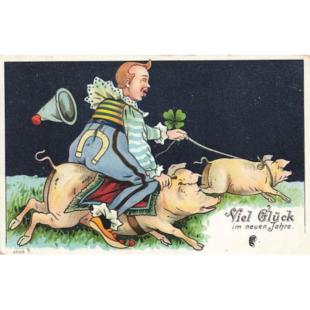 n°26670 - Nouvel An - 3503 - Clown à califourchon sur un cochon