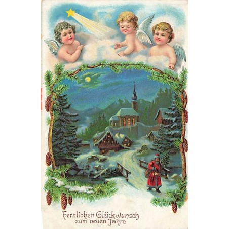 n°26672 - Carte Gaufrée - Nouvel An - Anges veillant sur un village
