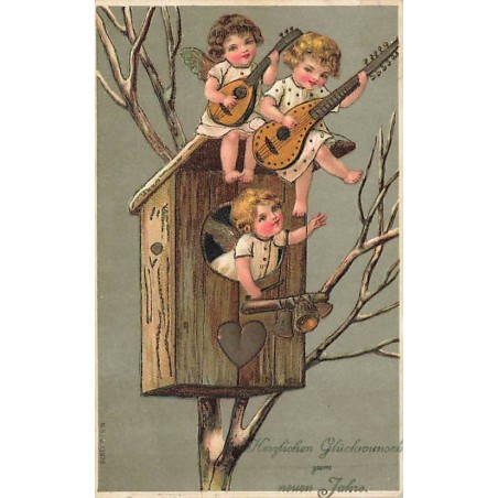 n°26673 - Carte Gaufrée - MSIB 13970 - Nouvel An - Anges jouant de la musique dans un nichoir