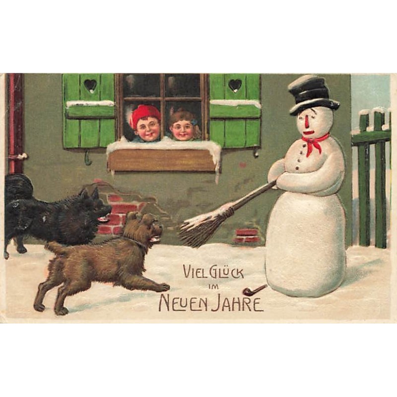 n°26674 - Carte Gaufrée - Nouvel An - Bonhomme de neige faisant peur à des chiens