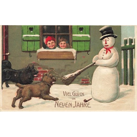 n°26674 - Carte Gaufrée - Nouvel An - Bonhomme de neige faisant peur à des chiens