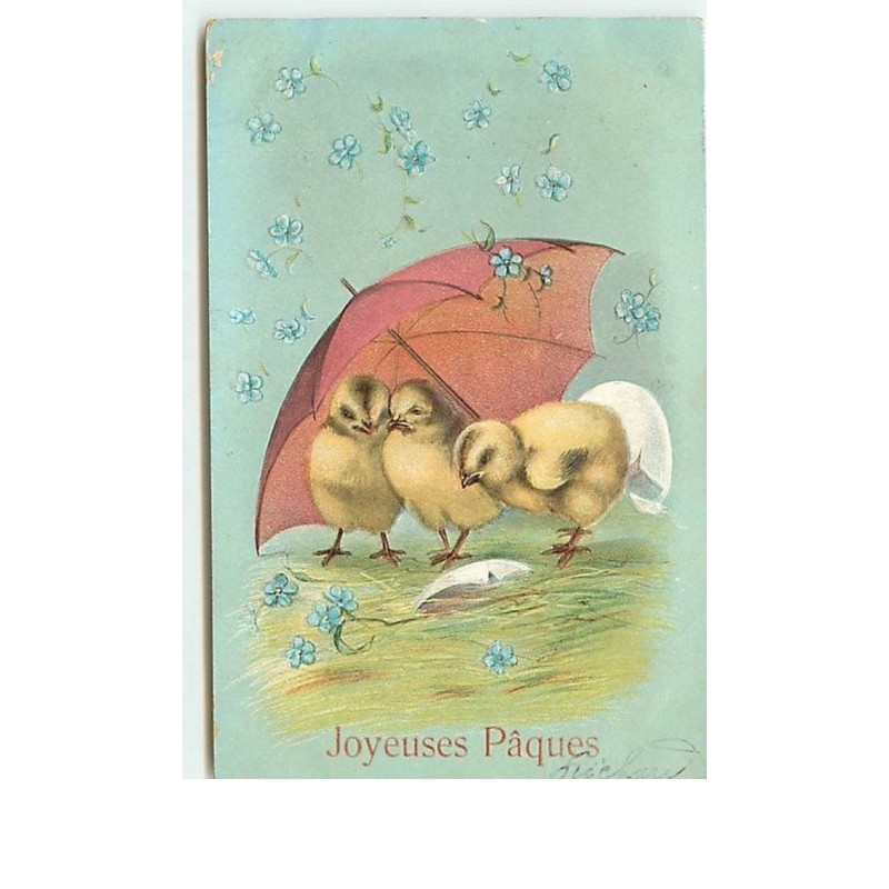 n°12883 - Carte Gaufrée - Joyeuses Pâques - Poussins sous un parapluie