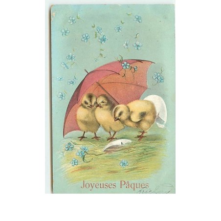 n°12883 - Carte Gaufrée - Joyeuses Pâques - Poussins sous un parapluie