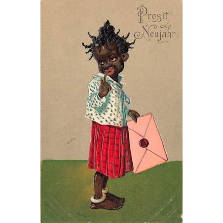 n°26679 - Carte Gaufrée - 7942 - Prosit Neujahr - Jeune fille noire tenant une lettre
