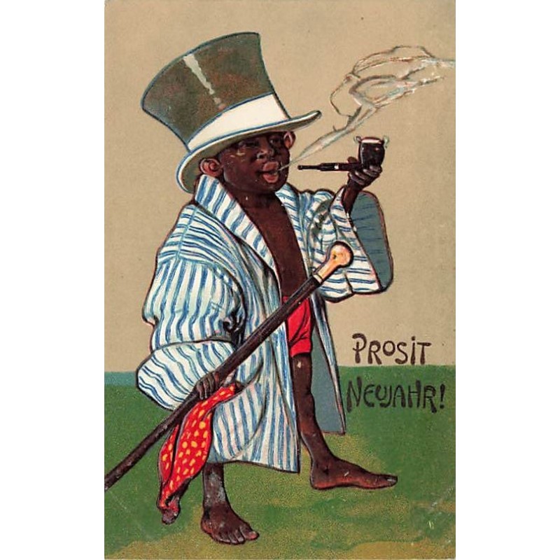 n°26680 - Carte Gaufrée - 7942 - Prosit Neujahr - Jeune garçon noir fumant la pipe et tenant une canne