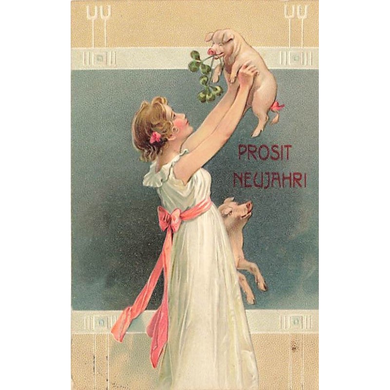 n°26681 - Carte Gaufrée - Nouvel An - Prosit Neujahr - Jeune femme portant un cochon