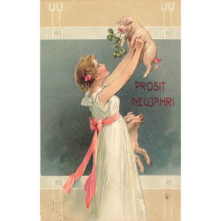 n°26681 - Carte Gaufrée - Nouvel An - Prosit Neujahr - Jeune femme portant un cochon