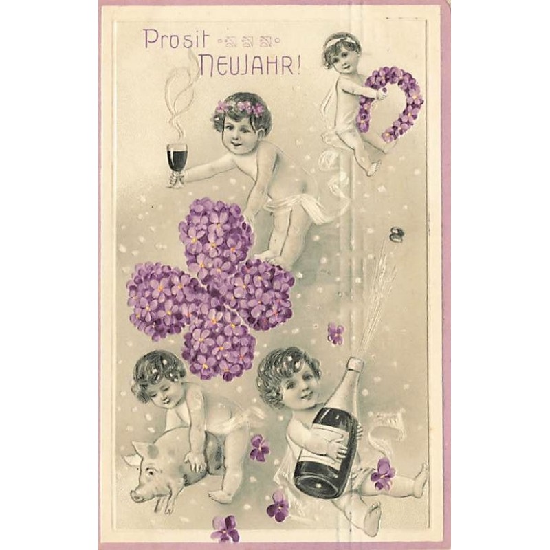 n°26682 - Carte Gaufrée - 3909 - Prosit Neujahr - Anges trinquant avec des portes-bonheur en violettes