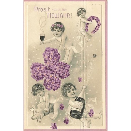 n°26682 - Carte Gaufrée - 3909 - Prosit Neujahr - Anges trinquant avec des portes-bonheur en violettes