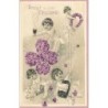 n°26682 - Carte Gaufrée - 3909 - Prosit Neujahr - Anges trinquant avec des portes-bonheur en violettes