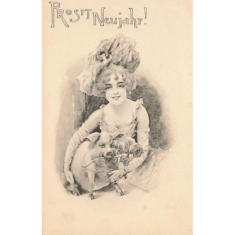 n°26683 - Br K W I - Prosit Neujahr - Jeune femme tenant un cochon ayant un trèfle dans sa bouche
