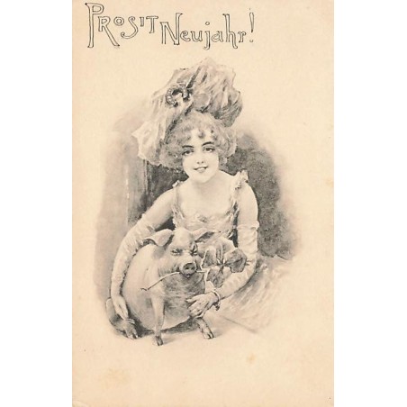 n°26683 - Br K W I - Prosit Neujahr - Jeune femme tenant un cochon ayant un trèfle dans sa bouche