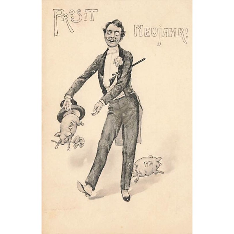 n°26684 - Nouvel An - Prosit Neujahr - Homme faisant sortir des cochons de son chapeau 1900 1901