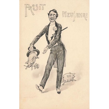 n°26684 - Nouvel An - Prosit Neujahr - Homme faisant sortir des cochons de son chapeau 1900 1901