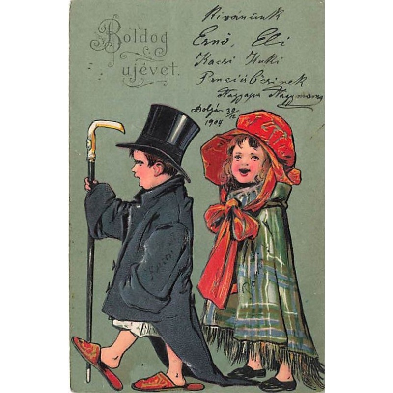 n°26685 - Carte Gaufrée - Serie 3565 - Boldog ujévet - Couple d'enfants portant des habits trop grands