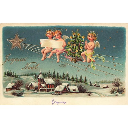 n°26690 - Carte Gaufrée - Joyeux Noël - Anges chantant dans le ciel - Etoile Filante
