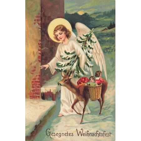 n°26695 - Carte Gaufrée - 16441 - Gesegnetes Weihnachtsfest - Ange marchant près d'une biche