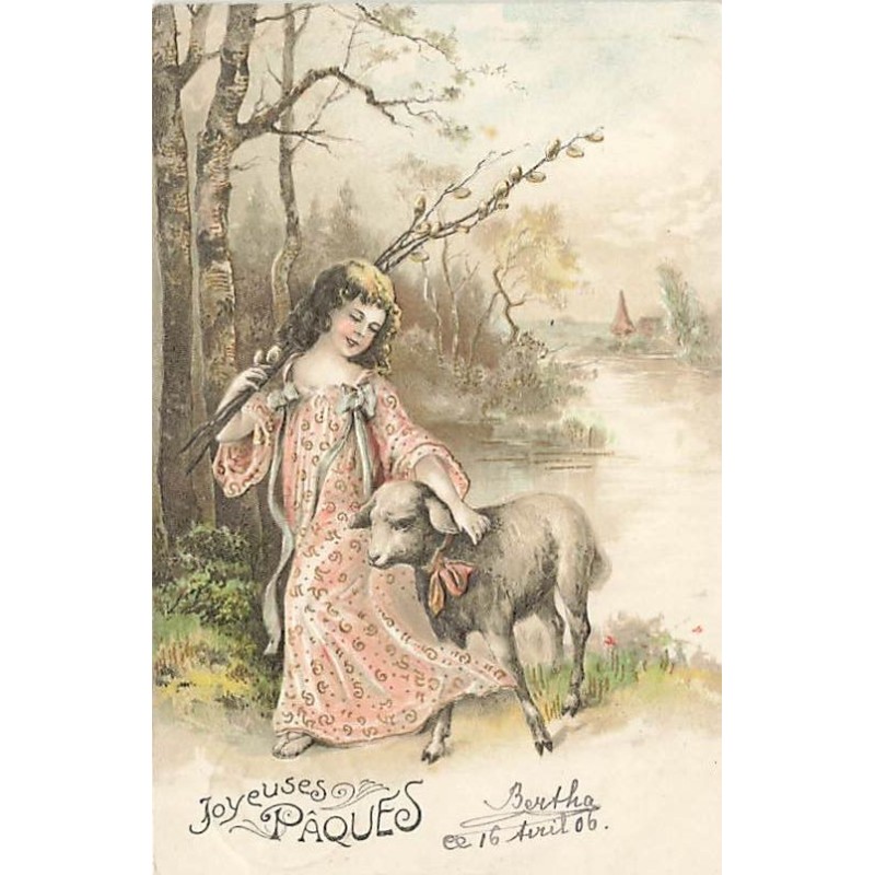 n°26696 - Carte Gaufrée - Serie 5058 - Joyeuses Pâques - Fillette marchant près d'un mouton