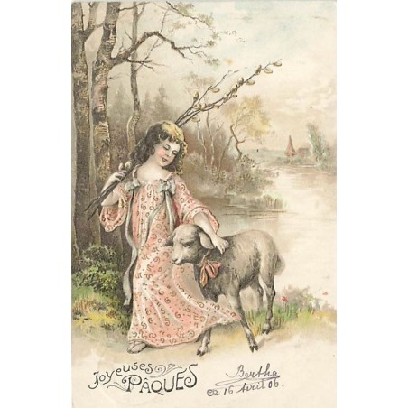 n°26696 - Carte Gaufrée - Serie 5058 - Joyeuses Pâques - Fillette marchant près d'un mouton
