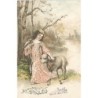 n°26696 - Carte Gaufrée - Serie 5058 - Joyeuses Pâques - Fillette marchant près d'un mouton