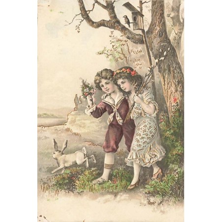 n°26697 - Carte Gaufrée - Série 5058 - Pâques - Couple d'enfants suivant un lièvre