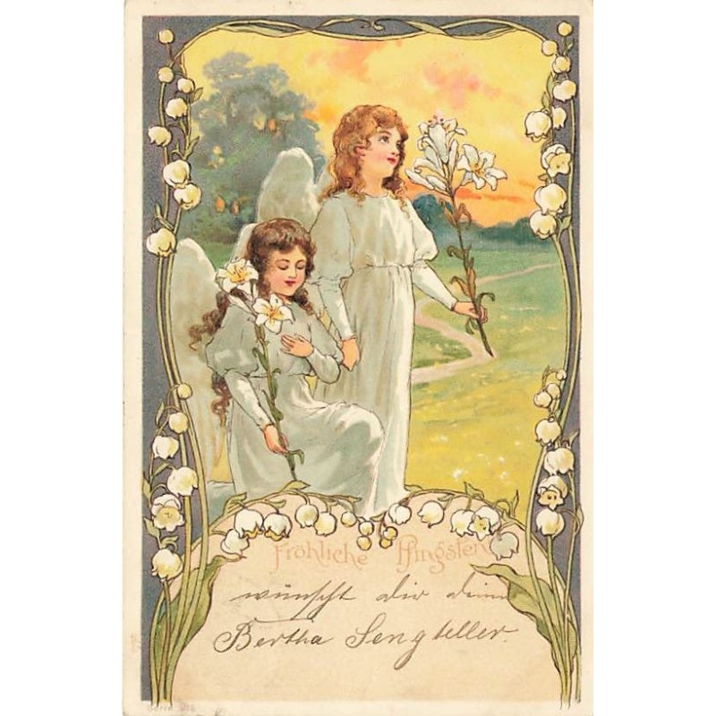 n°26700 - Art Nouveau - Serie 398 - Fröhliche Pfingsten - Deux anges avec des lys et des brins de muguet