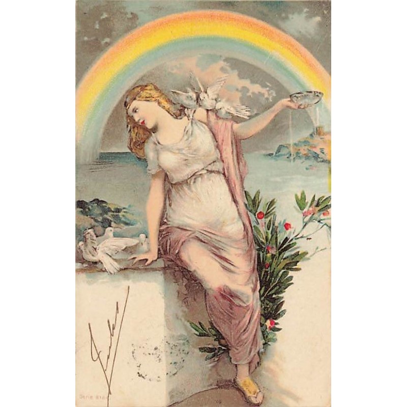 n°26701 - Fantaisie - Serie 8164 - Jeune femme nourrissant des colombes sous un arc-en-ciel