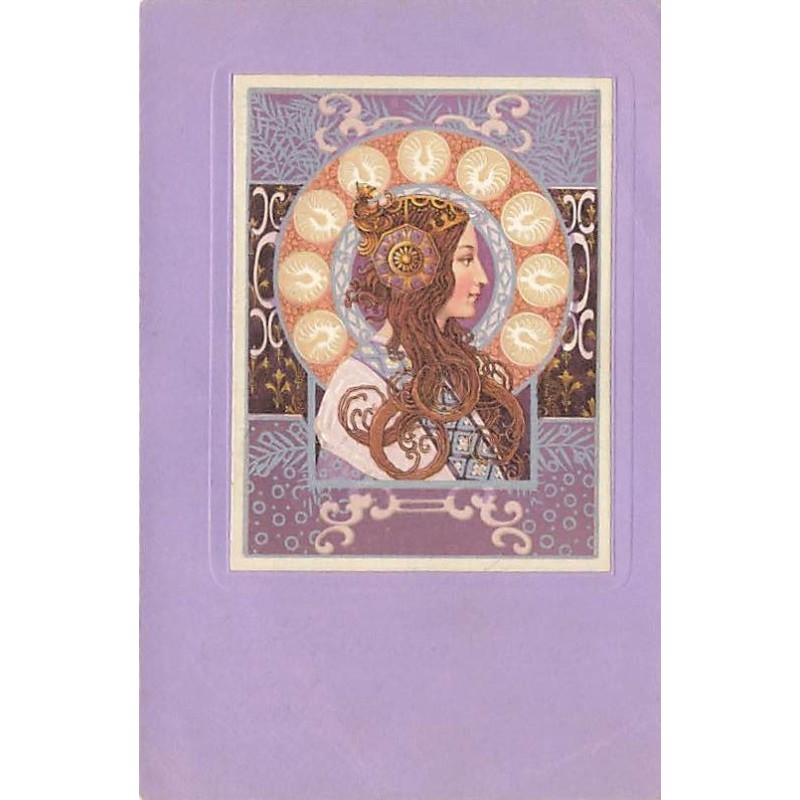 n°26704 - Carte Gaufrée - Fantaisie - Jeune femme de profil dans un décor Art Nouveau