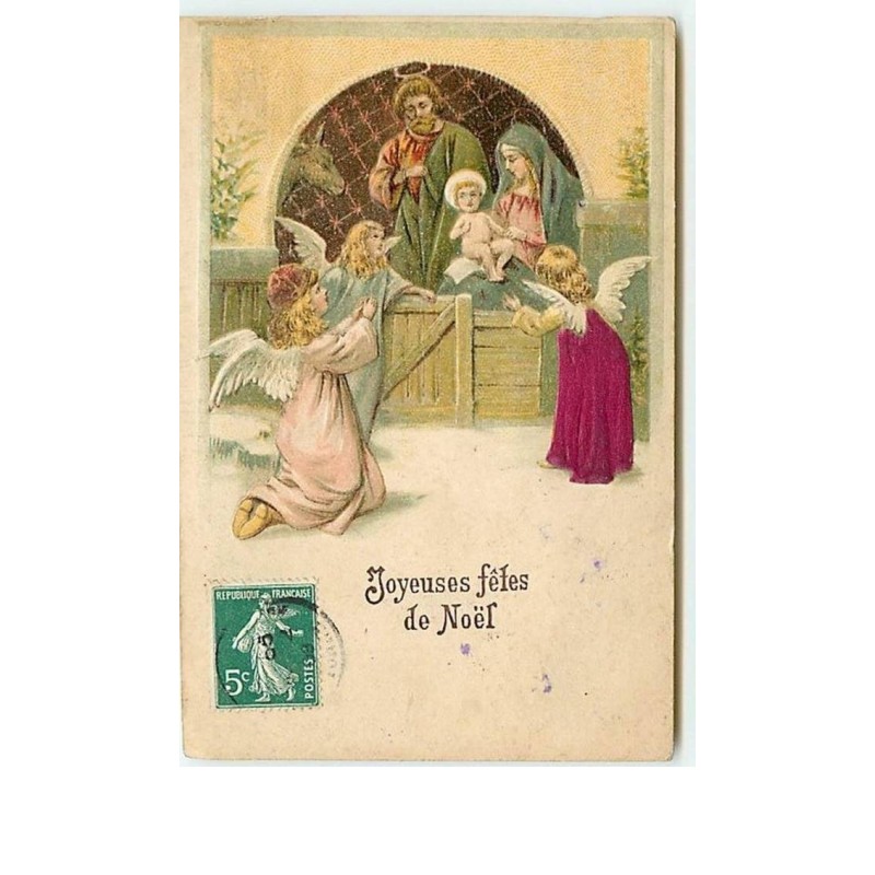 n°12887 - Carte Gaufrée - Joyeuses fêtes de Noël - Anges près de la scène de la nativité