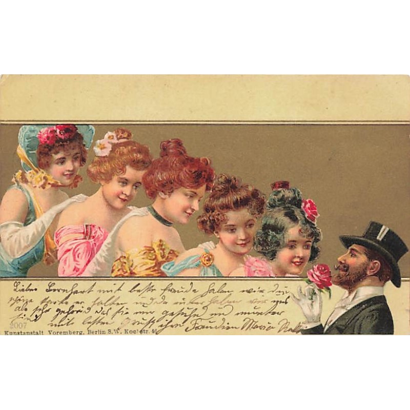 n°26707 - Fantaisie - Jeunes femmes en procession devant un homme tenant une rose