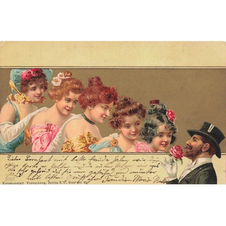 n°26707 - Fantaisie - Jeunes femmes en procession devant un homme tenant une rose