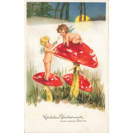 n°26709 - Nouvel An - Anges trinquant assis sur des champignons
