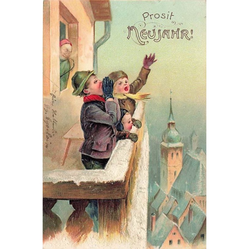 n°26714 - Carte Gaufrée - serie 3523 - Prosit Neujahr - Enfants criant sur un balcon en hauteur