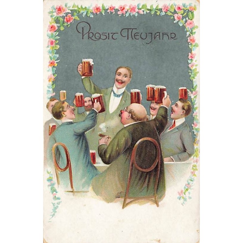 n°26715 - Carte Gaufrée - Prosit Neujahr - Hommes trinquant avec des chopes de bière