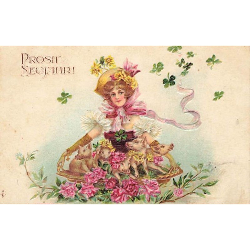 n°26716 - Carte Gaufrée - Prosit Neujahr - Femme portant des cochons dans un panier
