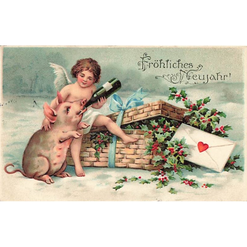 n°26719 - Carte Gaufrée - Fröhliches Neujahr - Ange donnant du champagne à un cochon