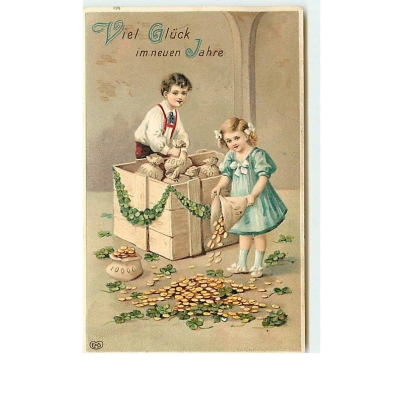 n°12890 - Carte Gaufrée - Viel Glück im neuen Jahre - Garçon et fillette versant sur le sol des pièces d'or