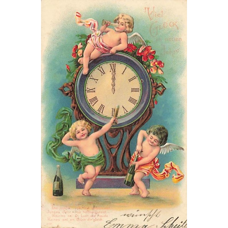 n°26727 - Carte Gaufrée - Nouvel An - Anges trinquant autour d'une pendule