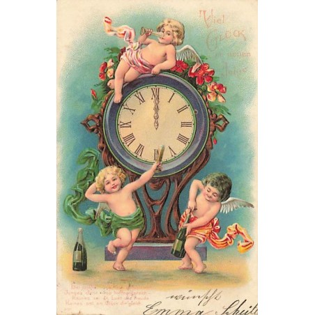 n°26727 - Carte Gaufrée - Nouvel An - Anges trinquant autour d'une pendule
