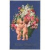 n°26729 - Anniversaire - Flatscher - Anges s'embrassant près d'un bouquet dans un vase