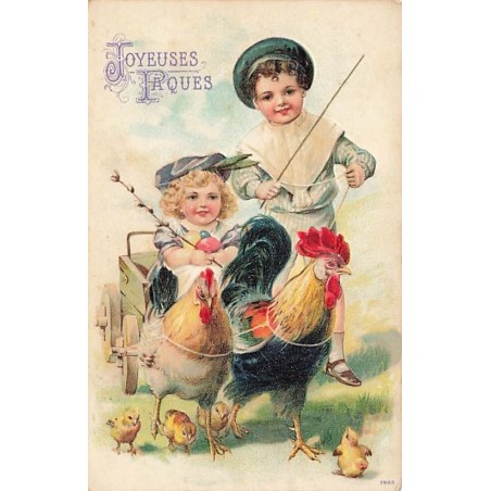 n°26733 - Carte Gaufrée - Joyeuses Pâques - Fillette dans une voiture tirée par un coq et une poule
