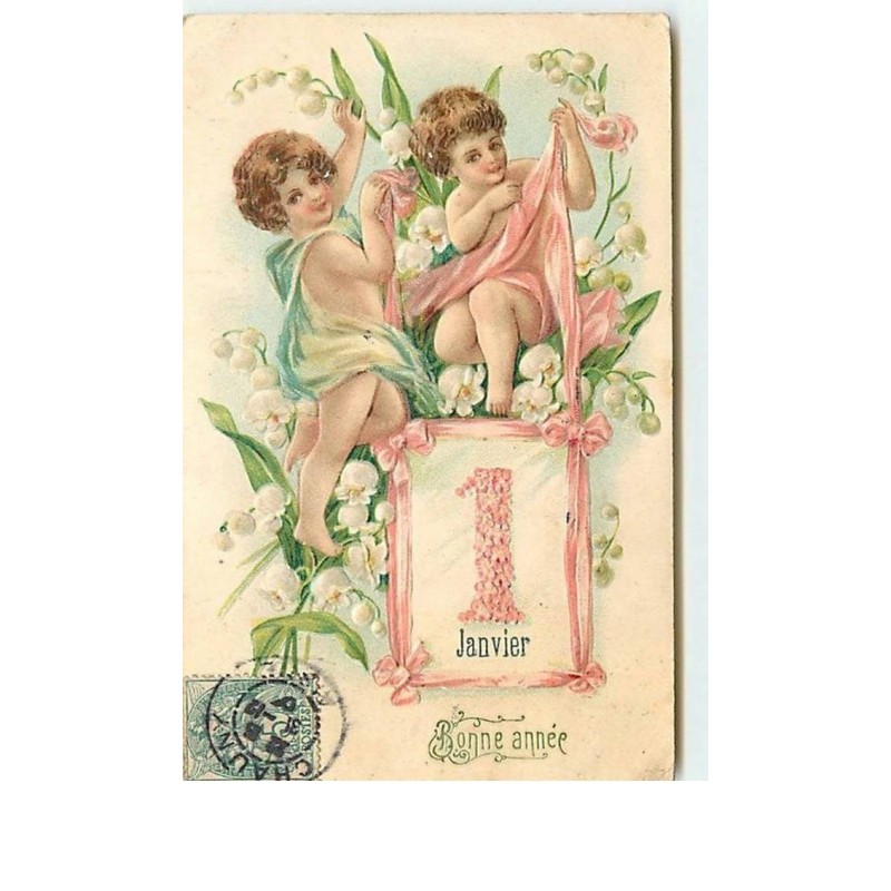 n°12893 - Carte Gaufrée - Bonne Année - Enfants avec du muguet - 1er Janvier