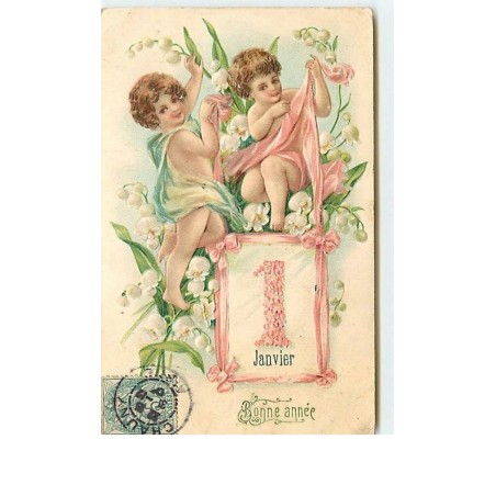n°12893 - Carte Gaufrée - Bonne Année - Enfants avec du muguet - 1er Janvier