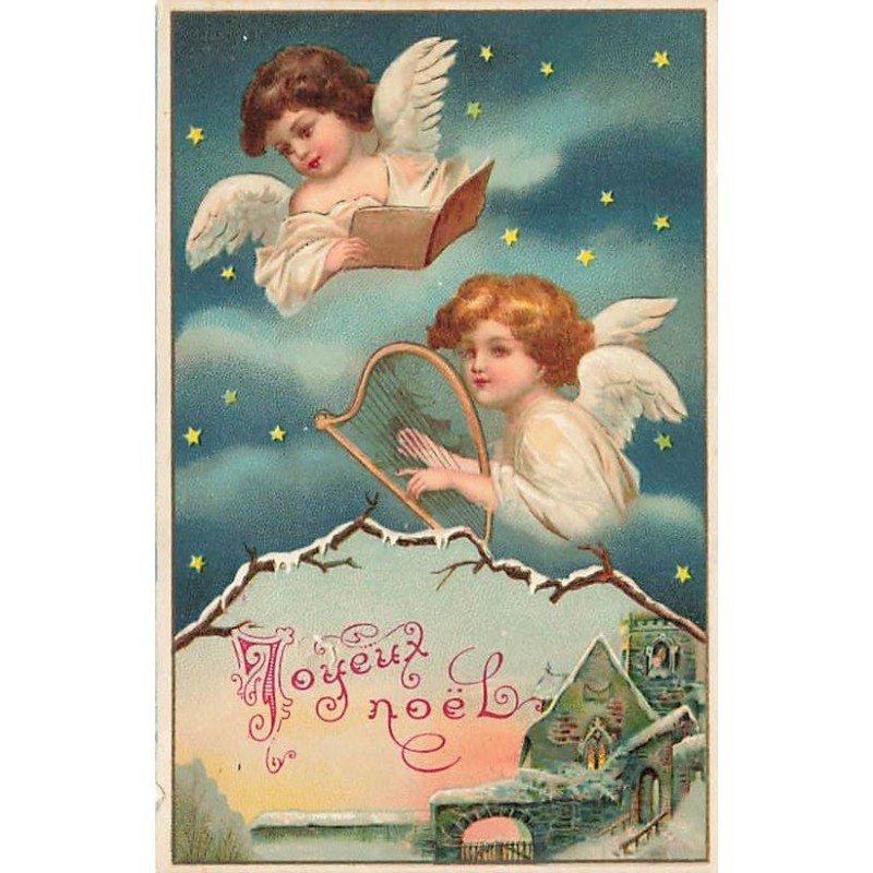 n°26736 - Clapsaddle - Joyeux Noël - Anges l'un tenant un livre, et l'autre jouant de la lyre