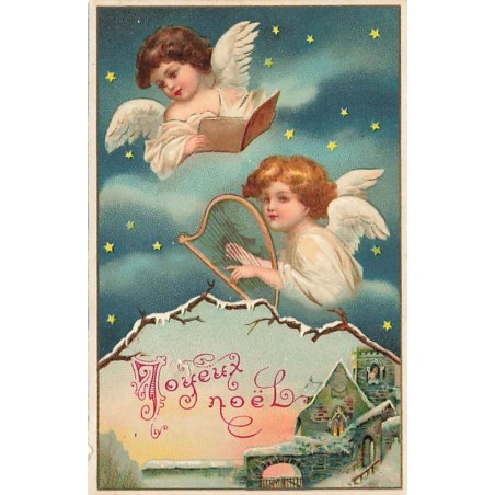 n°26736 - Clapsaddle - Joyeux Noël - Anges l'un tenant un livre, et l'autre jouant de la lyre
