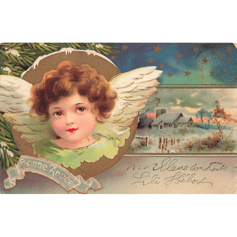 n°26743 - Clapsaddle - Bonne Année - Portrait d'un ange près d'une maison enneigée