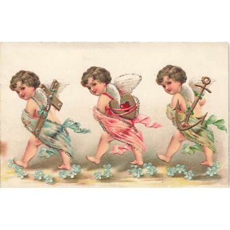 n°26748 - Carte Gaufrée avec Paillettes - Clapsaddle - Anges en file indienne, portant une croix, un coeur et une ancre