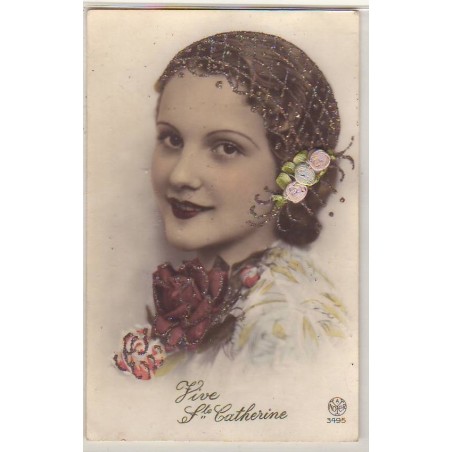 n°26751 - Fantaisie - Vive Sainte-Catherine - Portrait d'une femme avec un chignon, et des roses Cartes avec paillettes