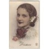n°26751 - Fantaisie - Vive Sainte-Catherine - Portrait d'une femme avec un chignon, et des roses Cartes avec paillettes